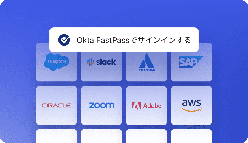 A graphic of a user using Okta FastPass to sign on to different apps at once.