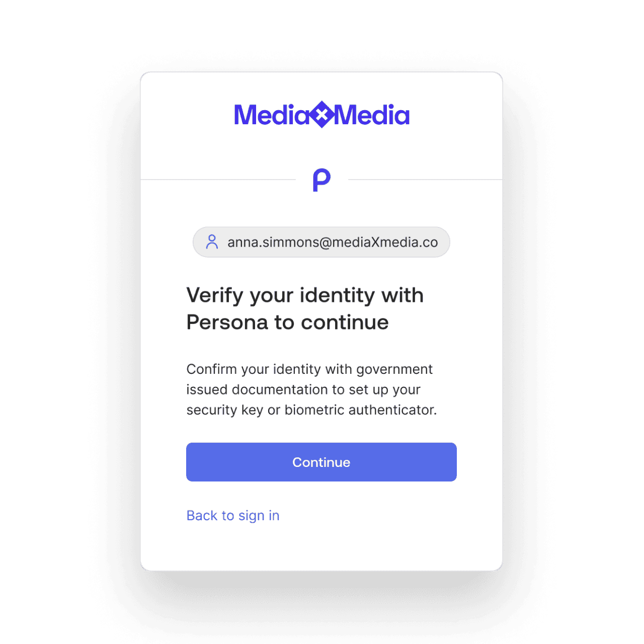 Screenshot showing how to verify your identity with Persona to continue.