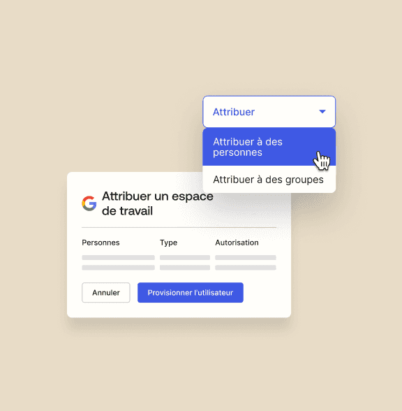 Identity governance interface showing how to assign a workspace to both people and groups.