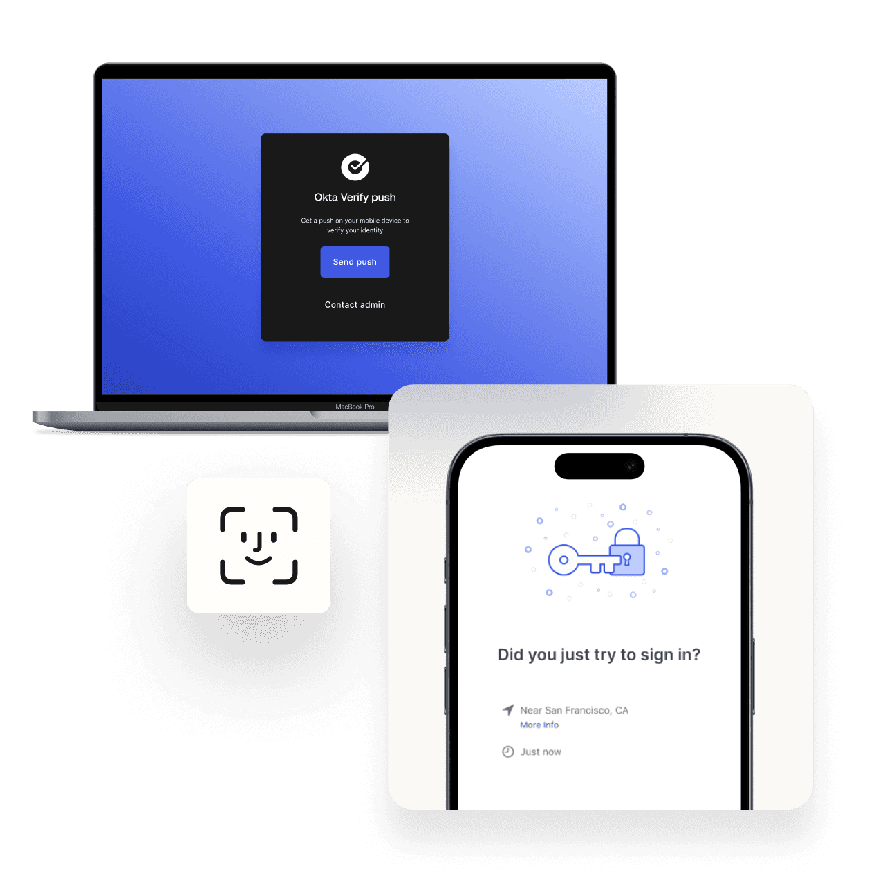 Okta Verify push notification on Laptop and smartphone.