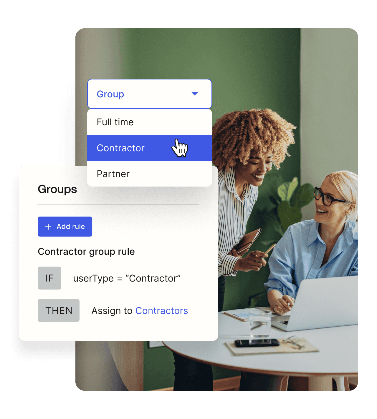  Graphic of a user being allocated to a group and creating group rules overlapping an image of two women working.