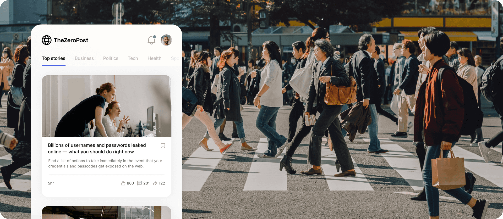  TheZeroPost feed overlaying image of people crossing a crowded crosswalk.