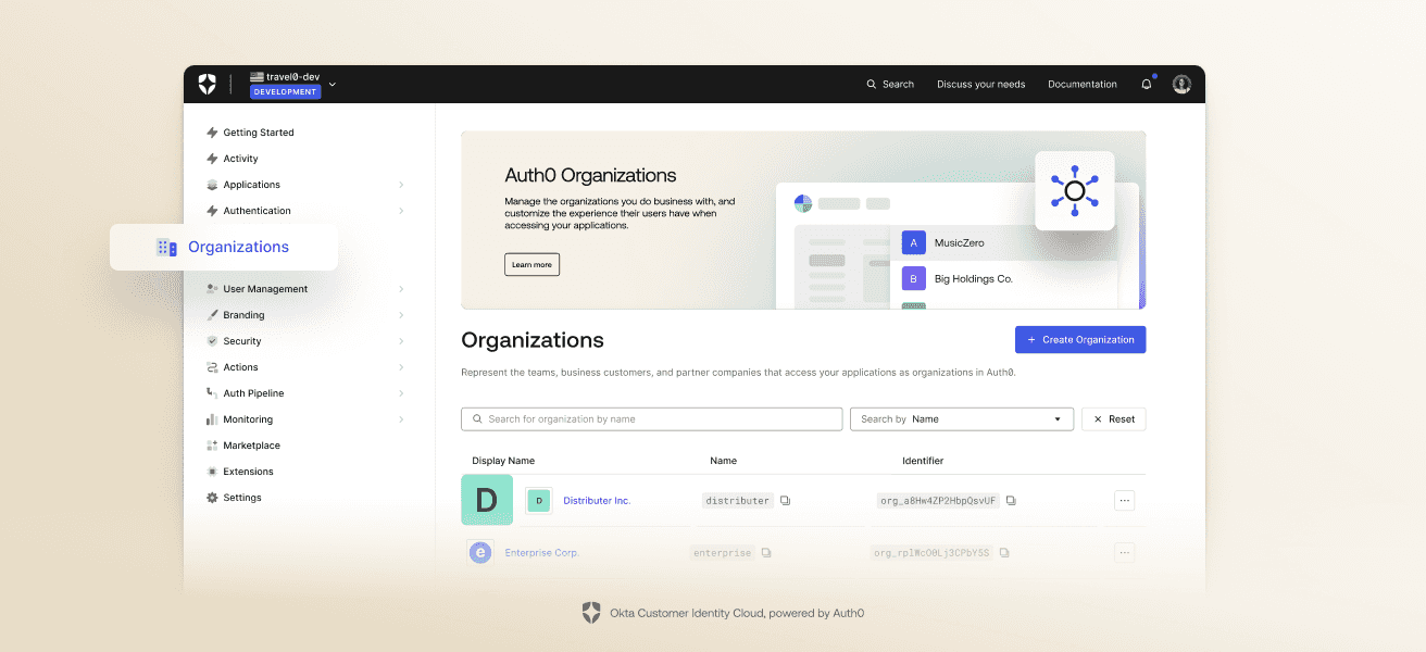 Image of Auth0 Organizations interface.