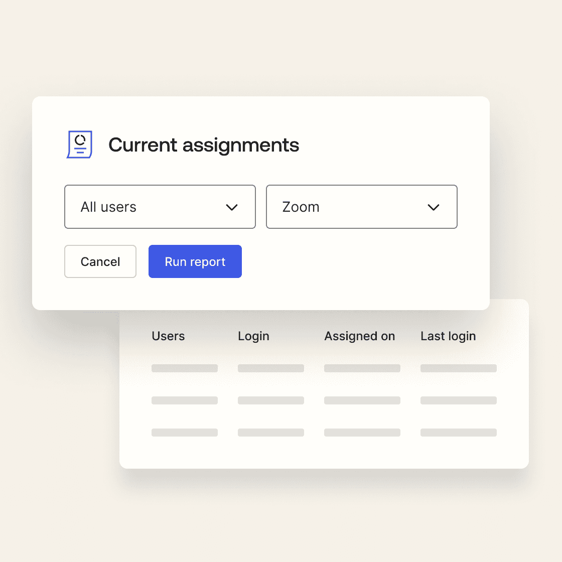 graphic displaying a user running a current assignments report.