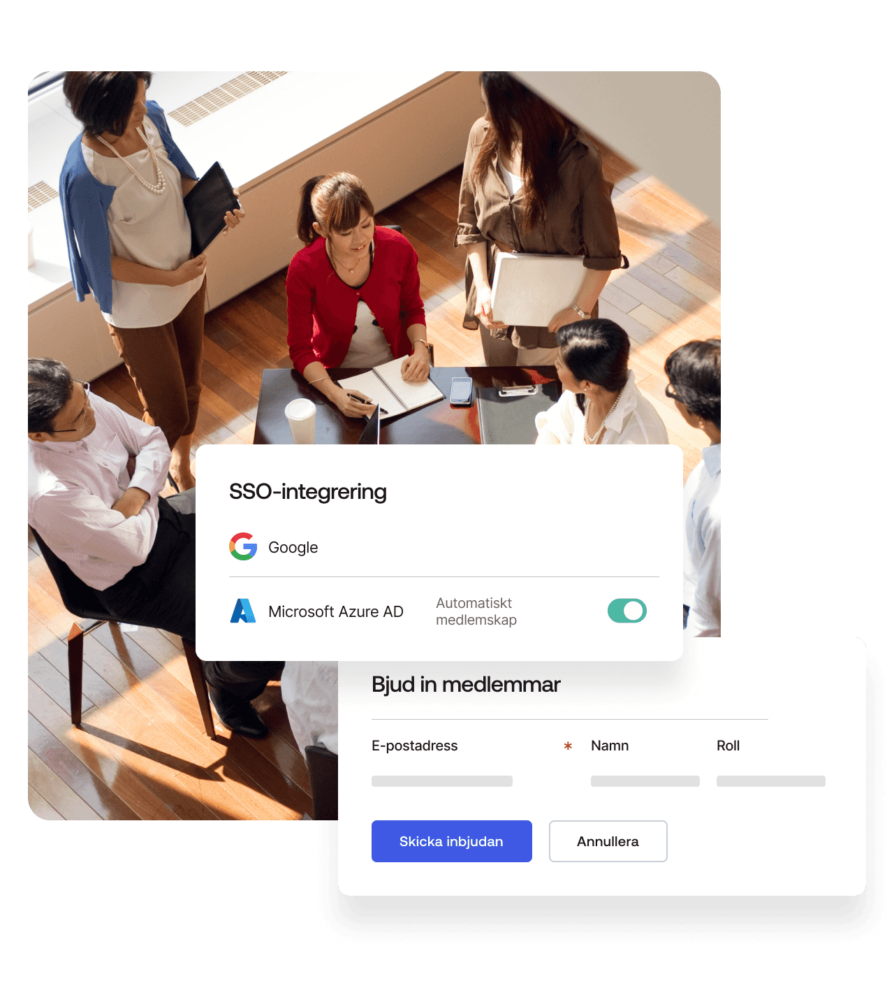 Image of SSO integration options and the option to invite members overlaying an image of colleagues collaborating in the office.