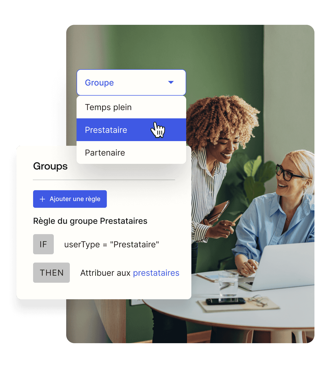  Graphic of a user being allocated to a group and creating group rules overlapping an image of two women working.