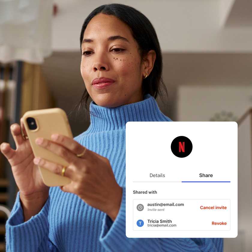 Image of Netflix shared login request inside Okta Personal App overlaying image of woman in blue turtleneck using smartphone.