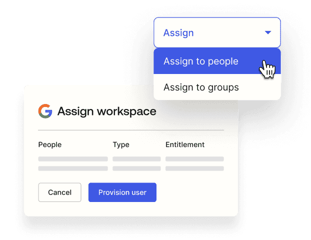 Identity governance interface showing how to assign a workspace to both people and groups.