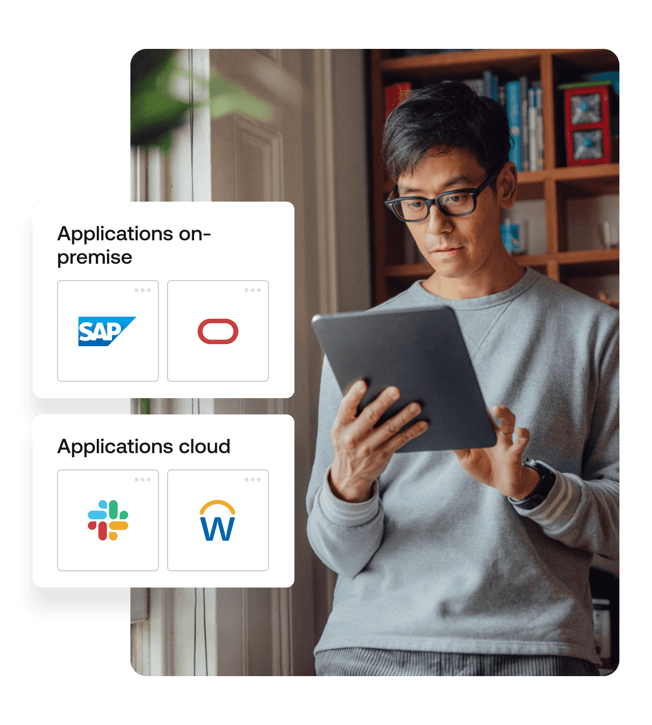 A graphic of on-premises and cloud apps layered over an image of a man on his tablet.