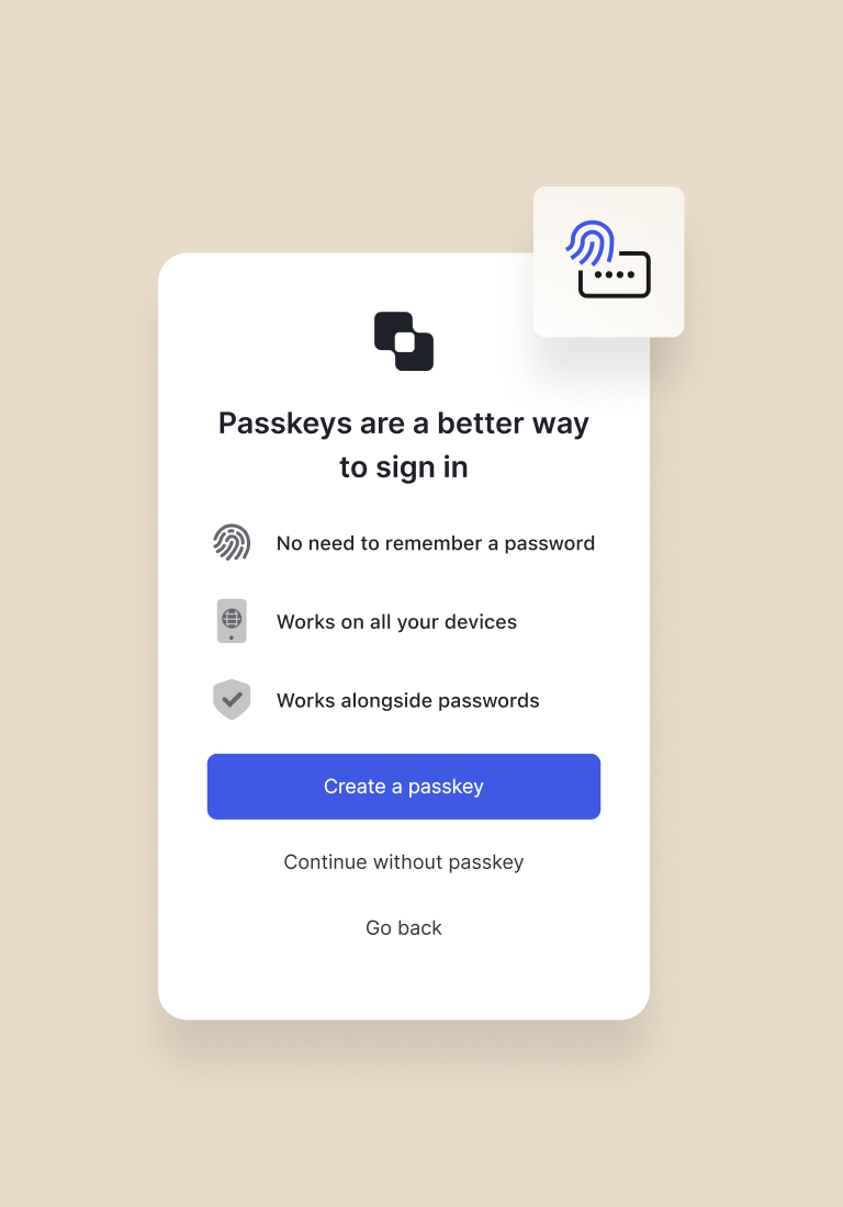 A UI screen for creating passkeys with text explaining that Passkeys work across devices and work alongside passwords.