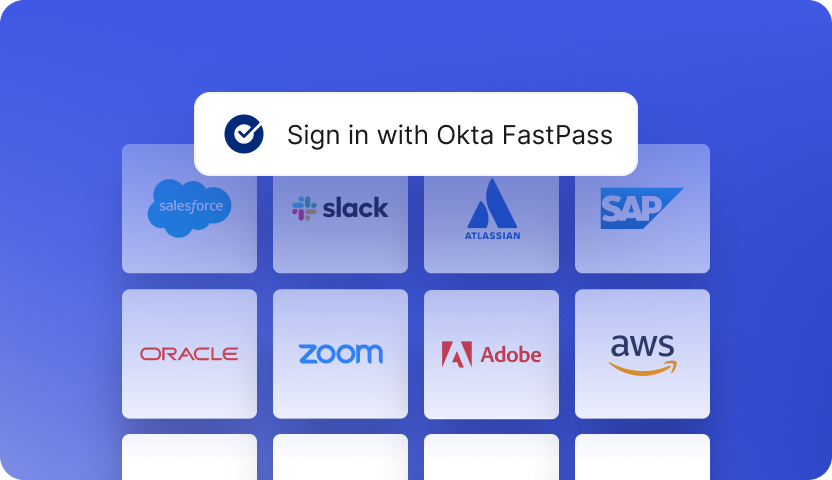 A graphic of a user using Okta FastPass to sign on to different apps at once.