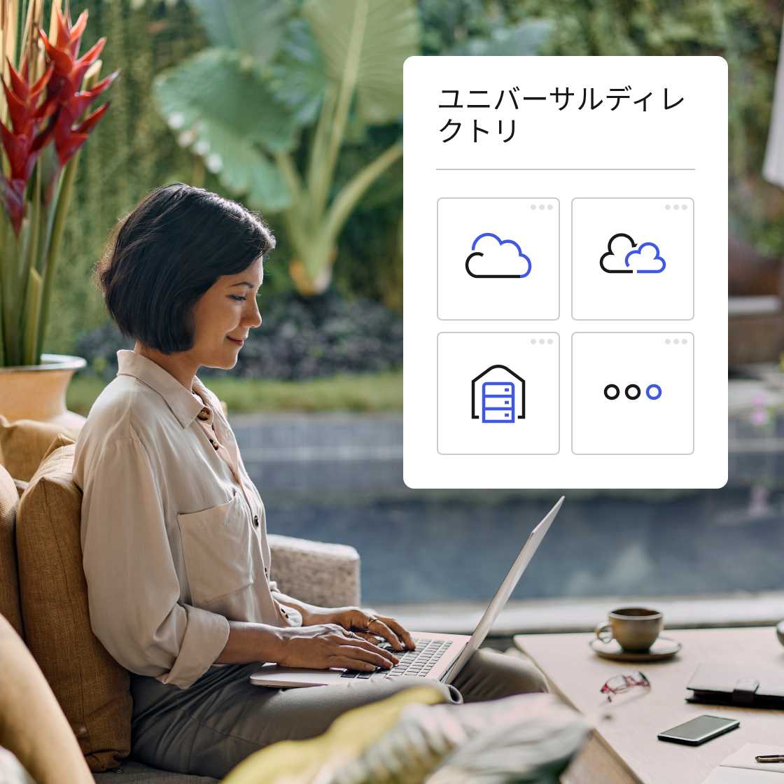 A graphic showing Universal Directory with four icons layered over an image of a woman working on her laptop.