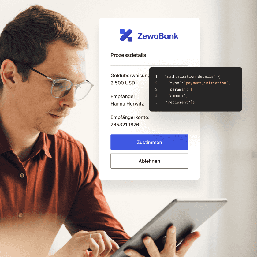Image of ZewoBank access request overlaying an image of a man with glasses on a smart tablet.
