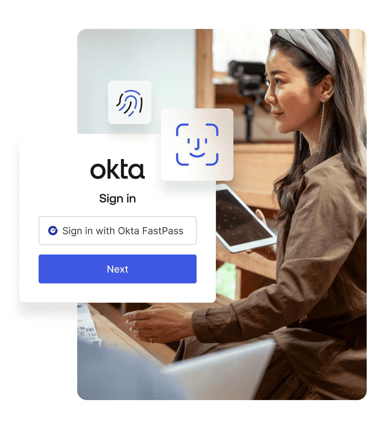 A graphic of an Okta FastPass sign-in pop-up window layered over an image of a woman holding a tablet.