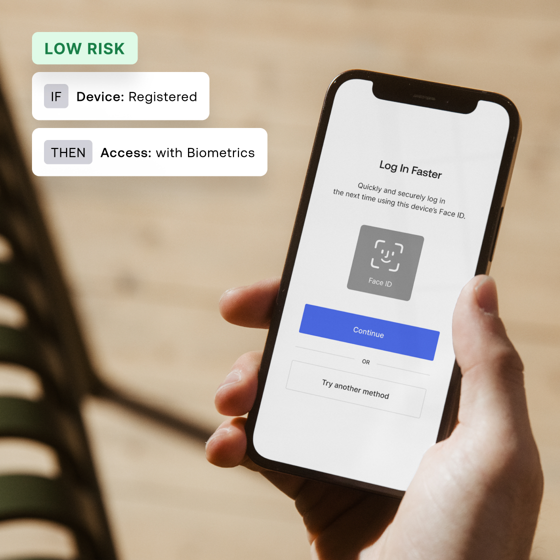 Image displaying a user holding a phone and using facial recognition to log into their account faster.