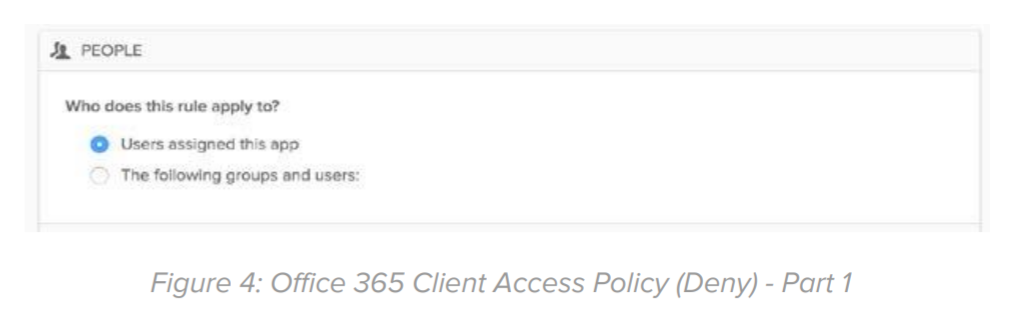 Figure 4: Office 365 Client Access Policy (Deny) - Part 1.