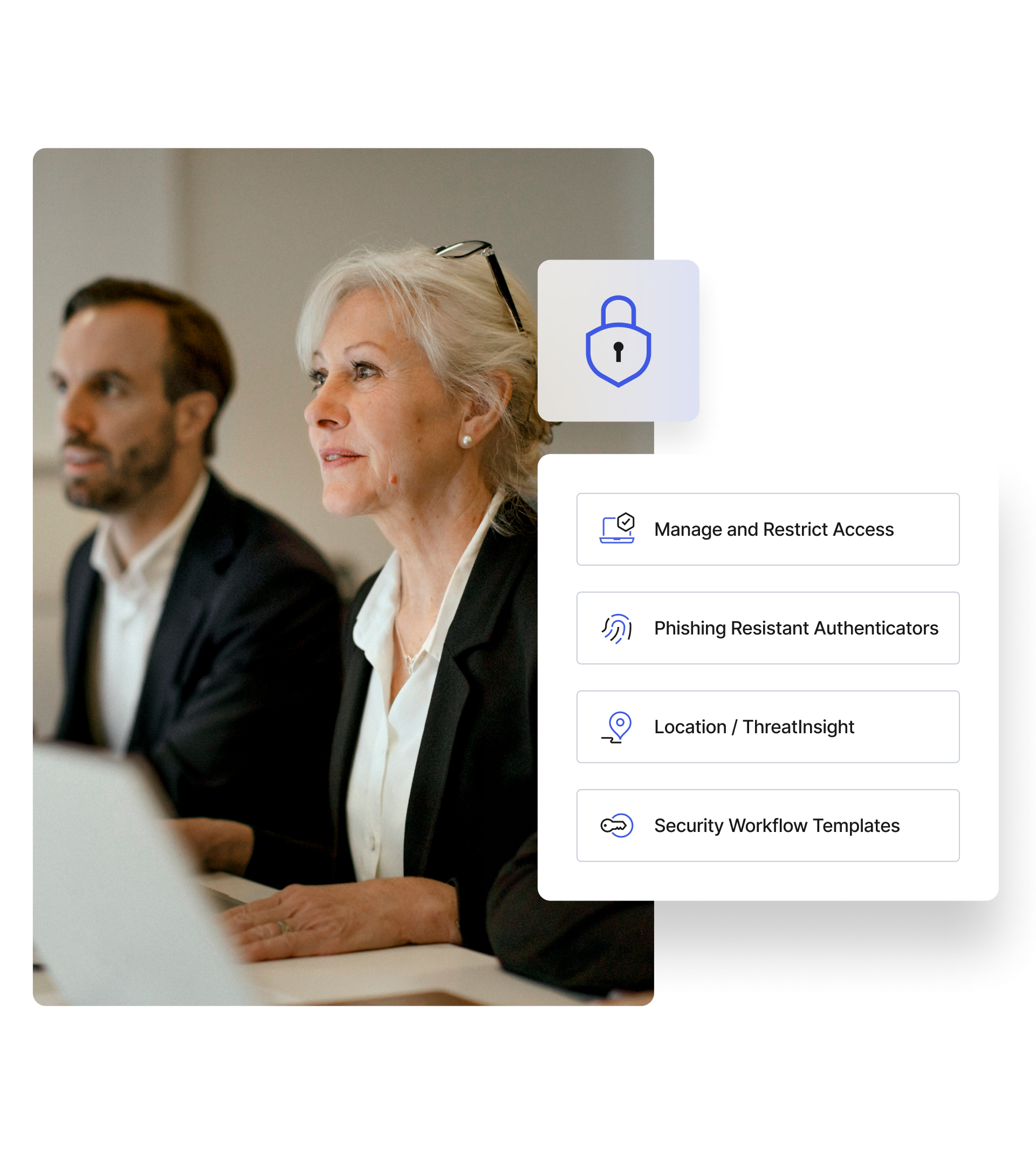 Image of phishing resistant authentication overlaying image of woman and man in work meeting.