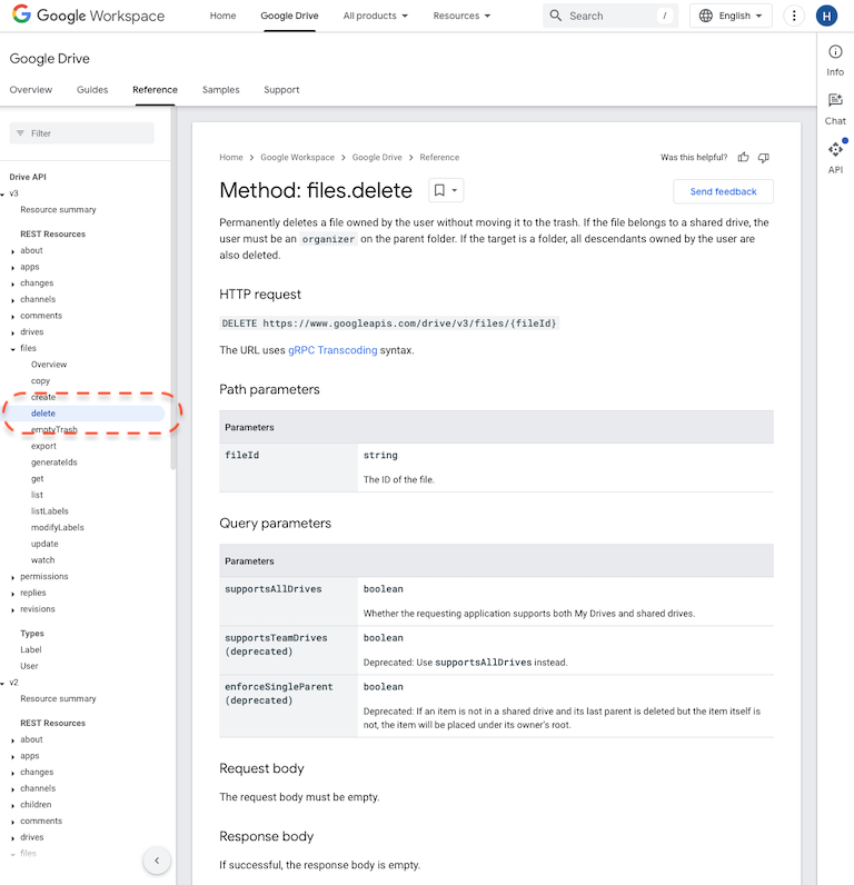 Google Workspace. Method: files.delete.